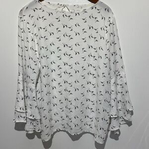 Loft Outlet Women's White Crew Neck Keyhole Back Bell Long Sleeve Blouse Large